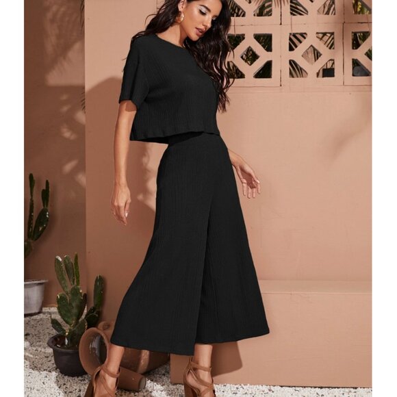 Black Drop Shoulder Crop Tee & Wide Leg Pants Set - Picture 3 of 5